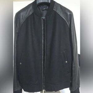 Vince Black Wool Men’s Bomber Jacket With Black Leather Sleeves - Size XL